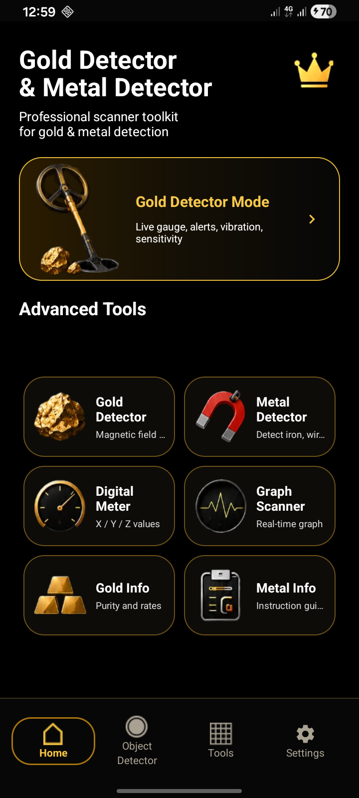 Gold Detector app home screen